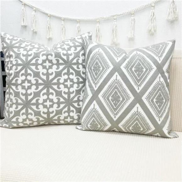 SLOW COW Embroidery Decorative Throw Pillow Cover Grey Kaleidoscope Design - Picture 4 of 8